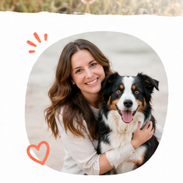 Photographer smiling while holding a black and white dog