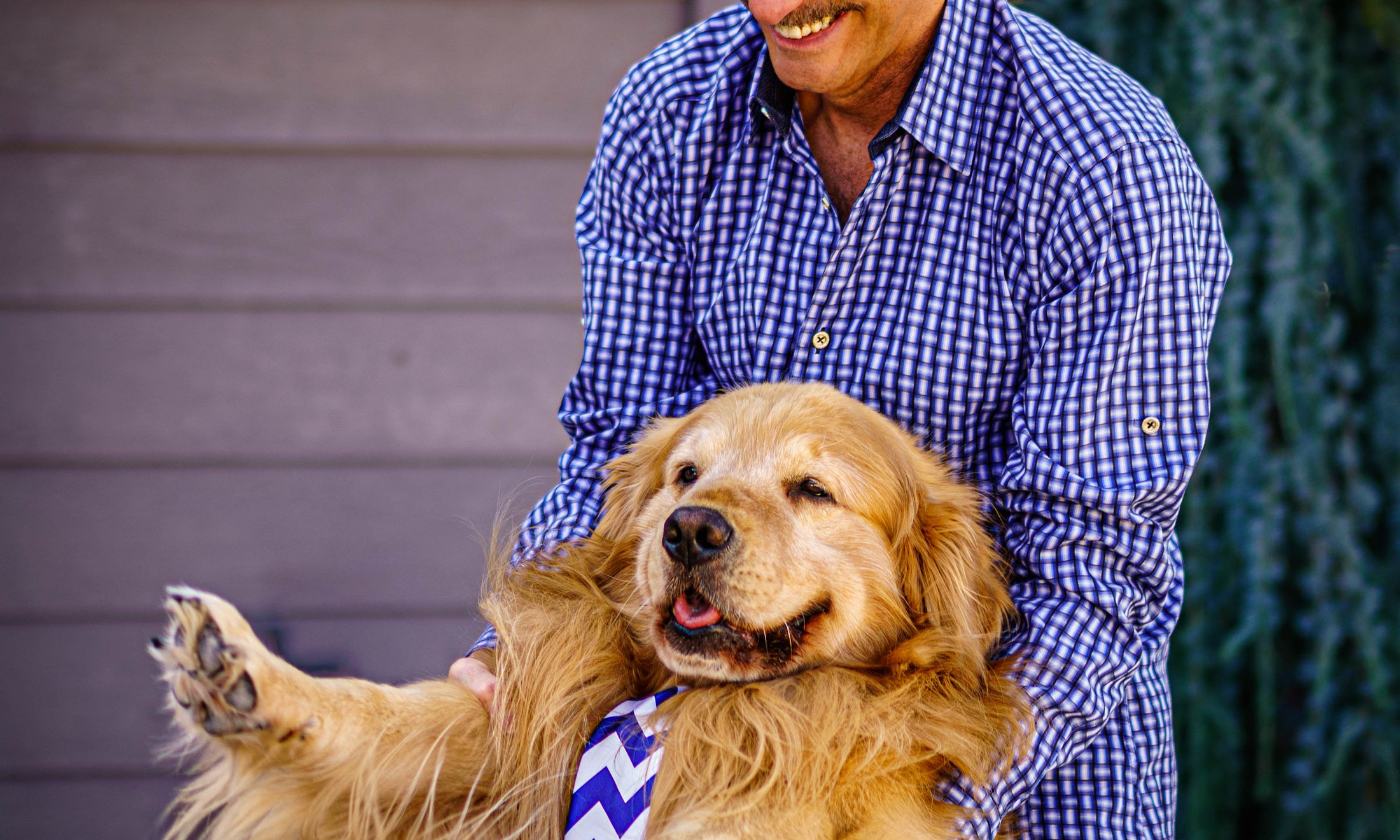 A golden retriever relaxing with its smiling pet parent